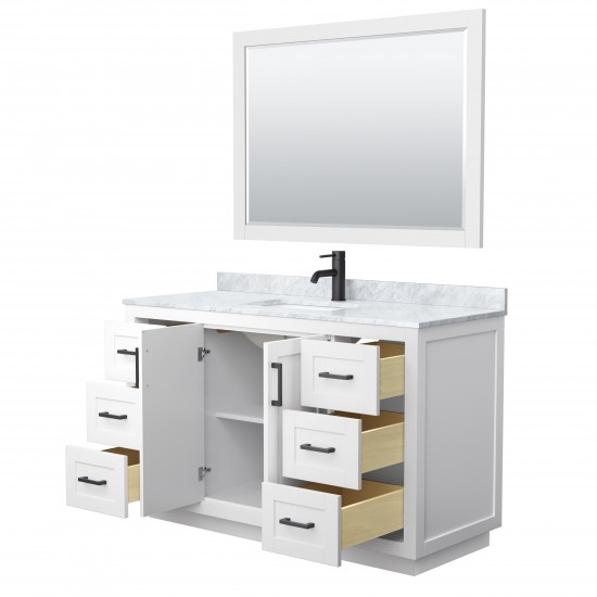 Miranda 54" Single Vanity in White, Top, Square Matte Black Trim, 46" Mirror