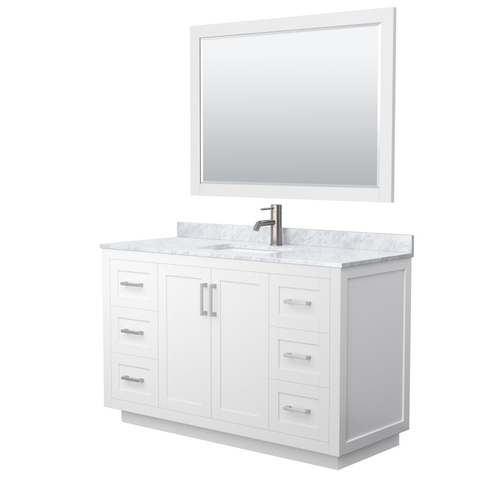 Miranda 54" Single Vanity in White, Top, Square Brushed Nickel Trim, 46" Mirror