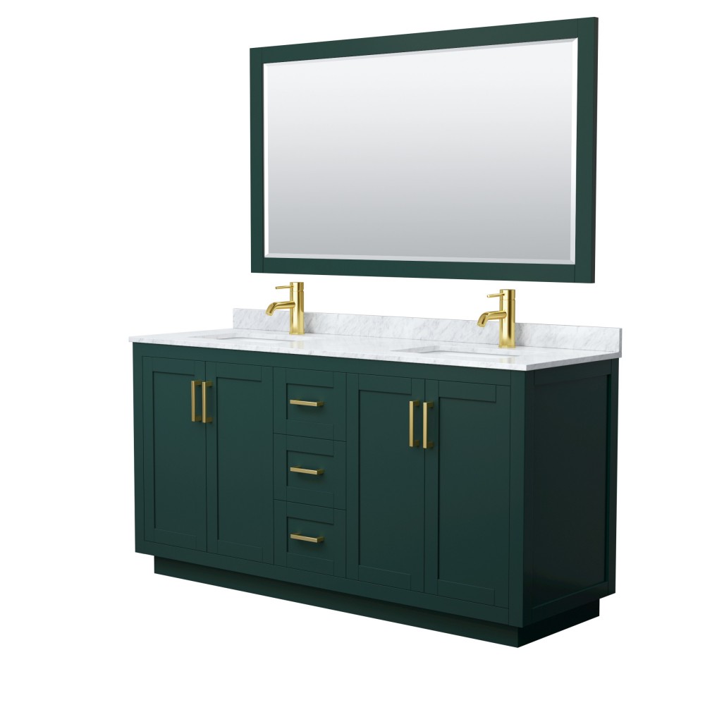 Miranda 66" Double Vanity in Green, Top, Square Brushed Gold Trim, 58" Mirror