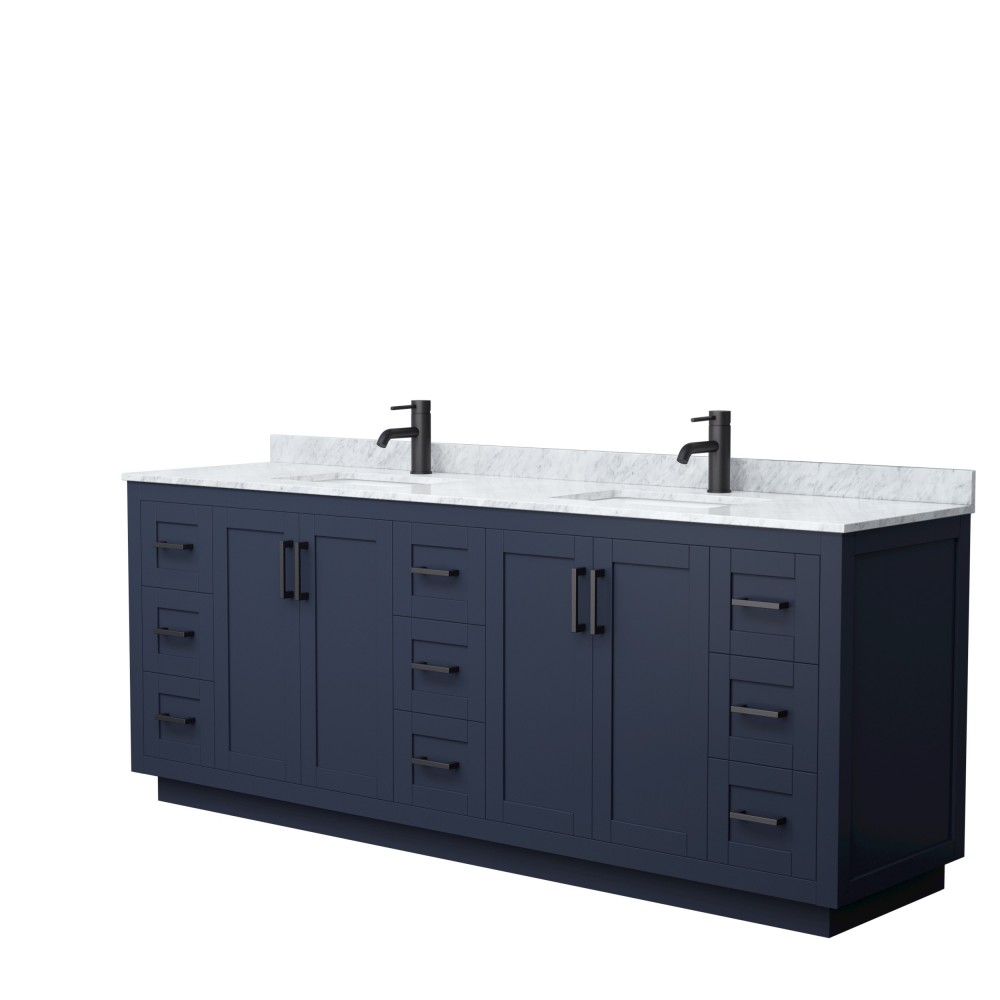 Miranda 84" Double Vanity in Dark Blue, Top, Square Sinks, Matte Black Trim