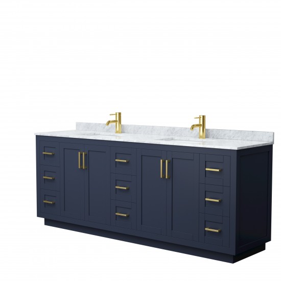 Miranda 84" Double Vanity in Dark Blue, Top, Square Sinks, Brushed Gold Trim