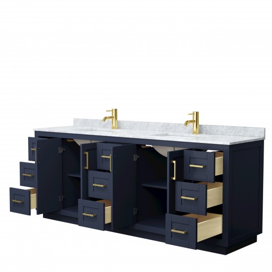 Miranda 84" Double Vanity in Dark Blue, Top, Square Sinks, Brushed Gold Trim