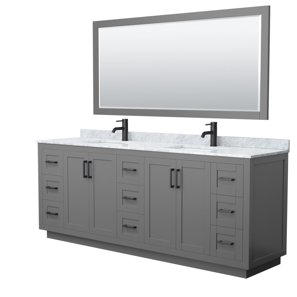 Miranda 84" Double Vanity in Dark Gray, Top, Square Matte Black Trim, 70" Mirror