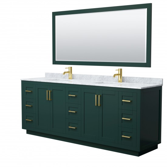 Miranda 84" Double Vanity in Green, Top, Square Brushed Gold Trim, 70" Mirror