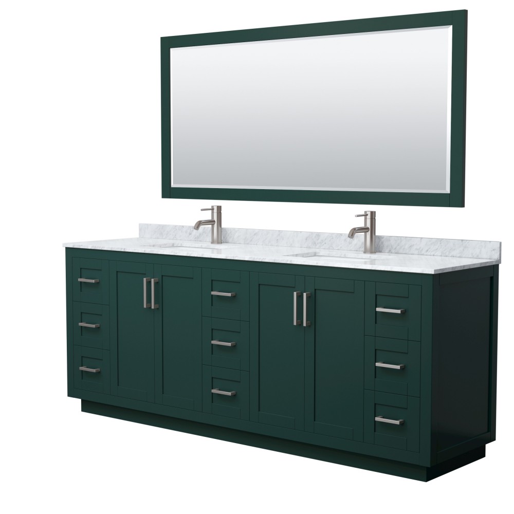 Miranda 84" Double Vanity in Green, Top, Square Brushed Nickel Trim, 70" Mirror Miranda 84" Double Vanity in Green, Top, Square Brushed Nickel Trim, 70" Mirror