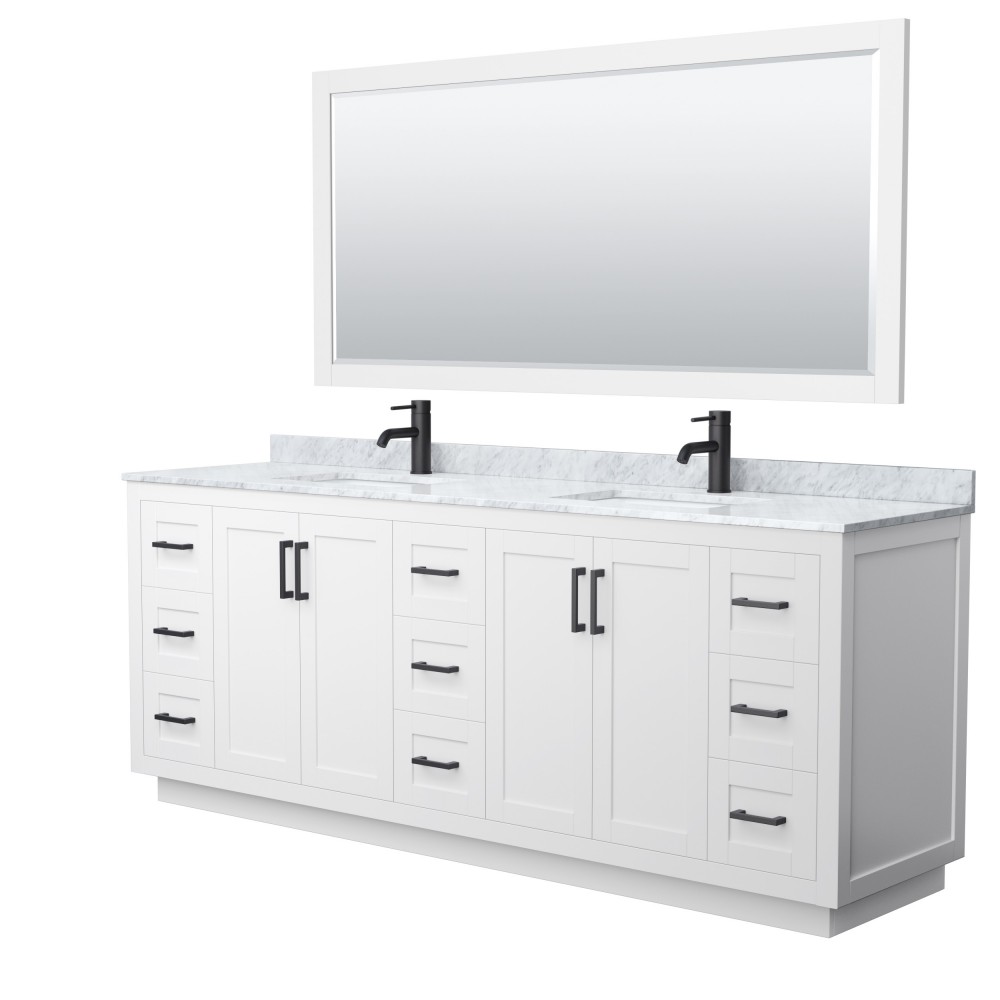 Miranda 84" Double Vanity in White, Top, Square Matte Black Trim, 70" Mirror