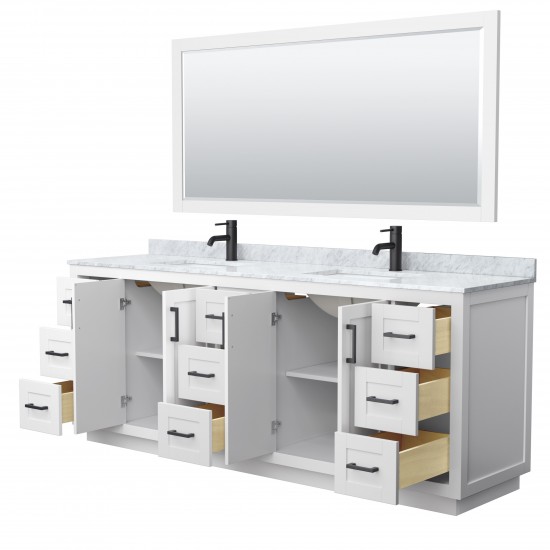 Miranda 84" Double Vanity in White, Top, Square Matte Black Trim, 70" Mirror