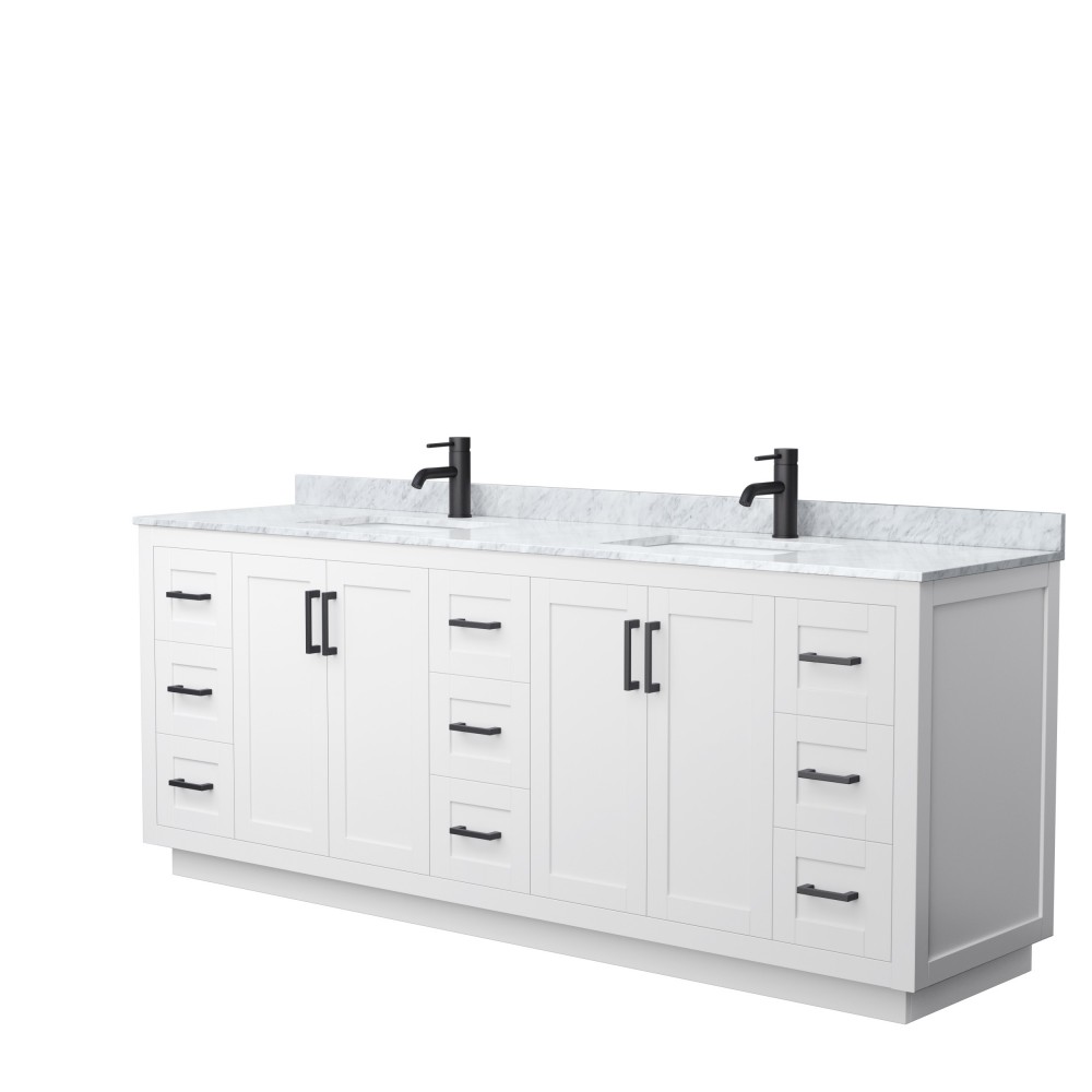 Miranda 84" Double Vanity in White, Top, Square Sinks, Matte Black Trim