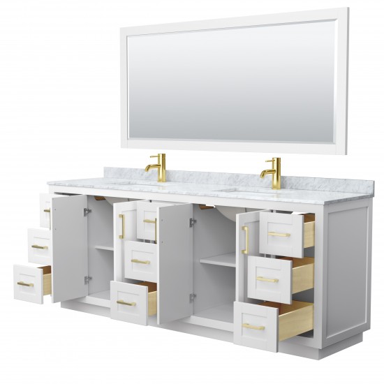 Miranda 84" Double Vanity in White, Top, Square Brushed Gold Trim, 70" Mirror