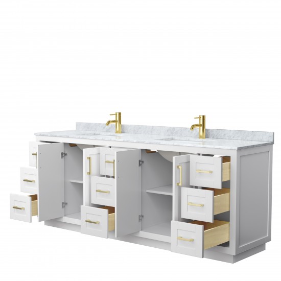 Miranda 84" Double Vanity in White, Top, Square Sinks, Brushed Gold Trim