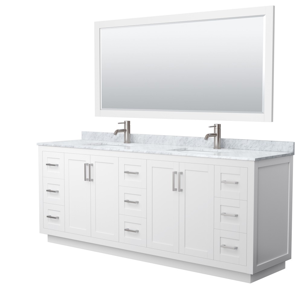 Miranda 84" Double Vanity in White, Top, Square Brushed Nickel Trim, 70" Mirror