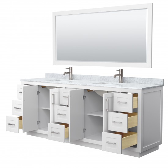 Miranda 84" Double Vanity in White, Top, Square Brushed Nickel Trim, 70" Mirror