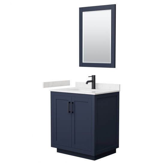 Miranda 30" Dark Blue Single Vanity, Carrara Marble Top, Black Trim, 24" Mirror