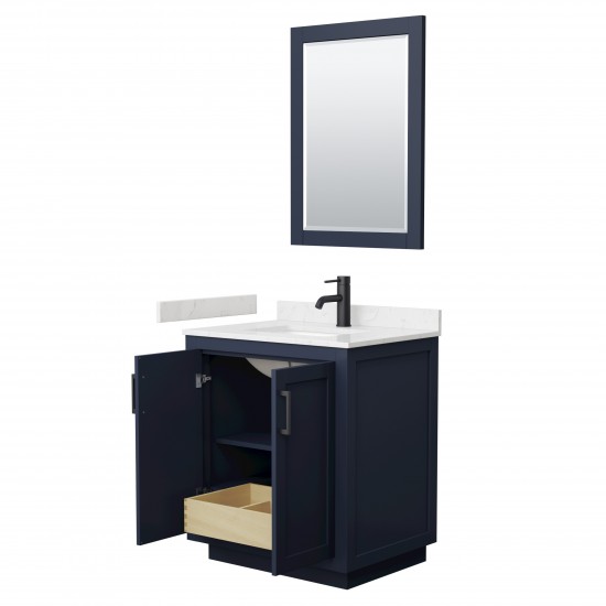 Miranda 30" Dark Blue Single Vanity, Carrara Marble Top, Black Trim, 24" Mirror