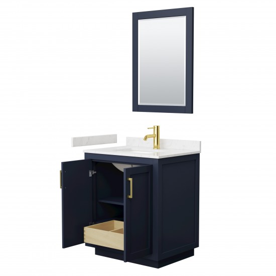 Miranda 30" Dark Blue Single Vanity, Carrara Marble Top, Gold Trim, 24" Mirror