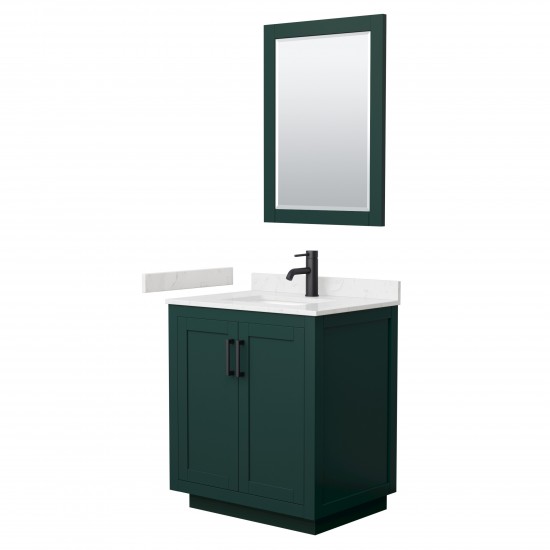 Miranda 30" Single Vanity in Green, Carrara Marble Top, Black Trim, 24" Mirror