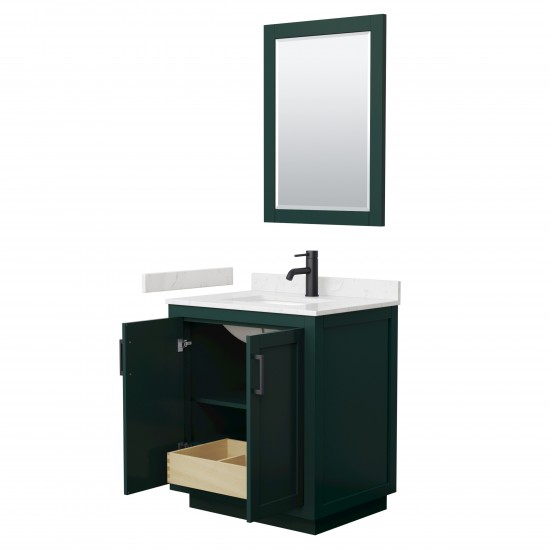 Miranda 30" Single Vanity in Green, Carrara Marble Top, Black Trim, 24" Mirror