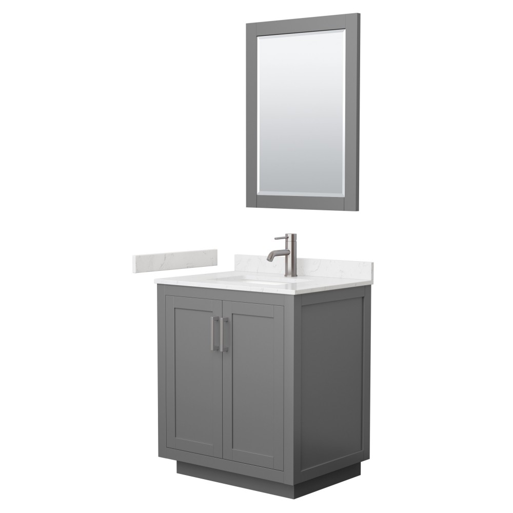 Miranda 30" Dark Gray Single Vanity, Carrara Marble Top, Nickel Trim, 24" Mirror Miranda 30" Dark Gray Single Vanity, Carrara Marble Top, Nickel Trim, 24" Mirror
