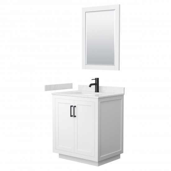 Miranda 30" Single Vanity in White, Carrara Marble Top, Black Trim, 24" Mirror