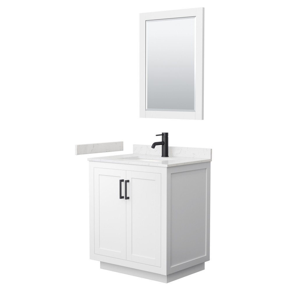 Miranda 30" Single Vanity in White, Carrara Marble Top, Black Trim, 24" Mirror
