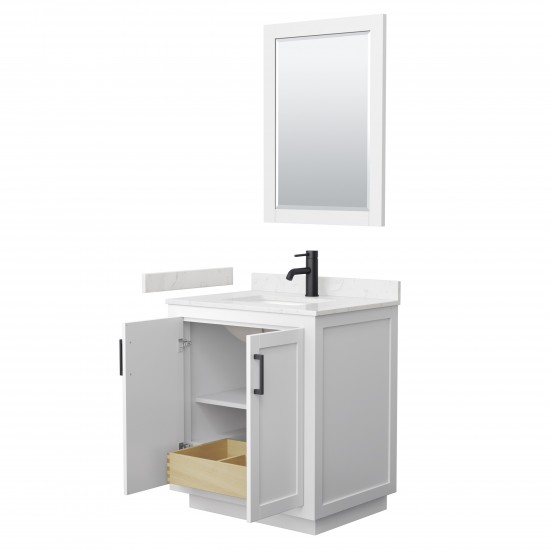 Miranda 30" Single Vanity in White, Carrara Marble Top, Black Trim, 24" Mirror