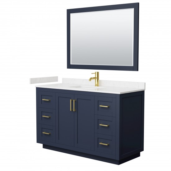 Miranda 54" Dark Blue Single Vanity, Carrara Marble Top, Gold Trim, 46" Mirror