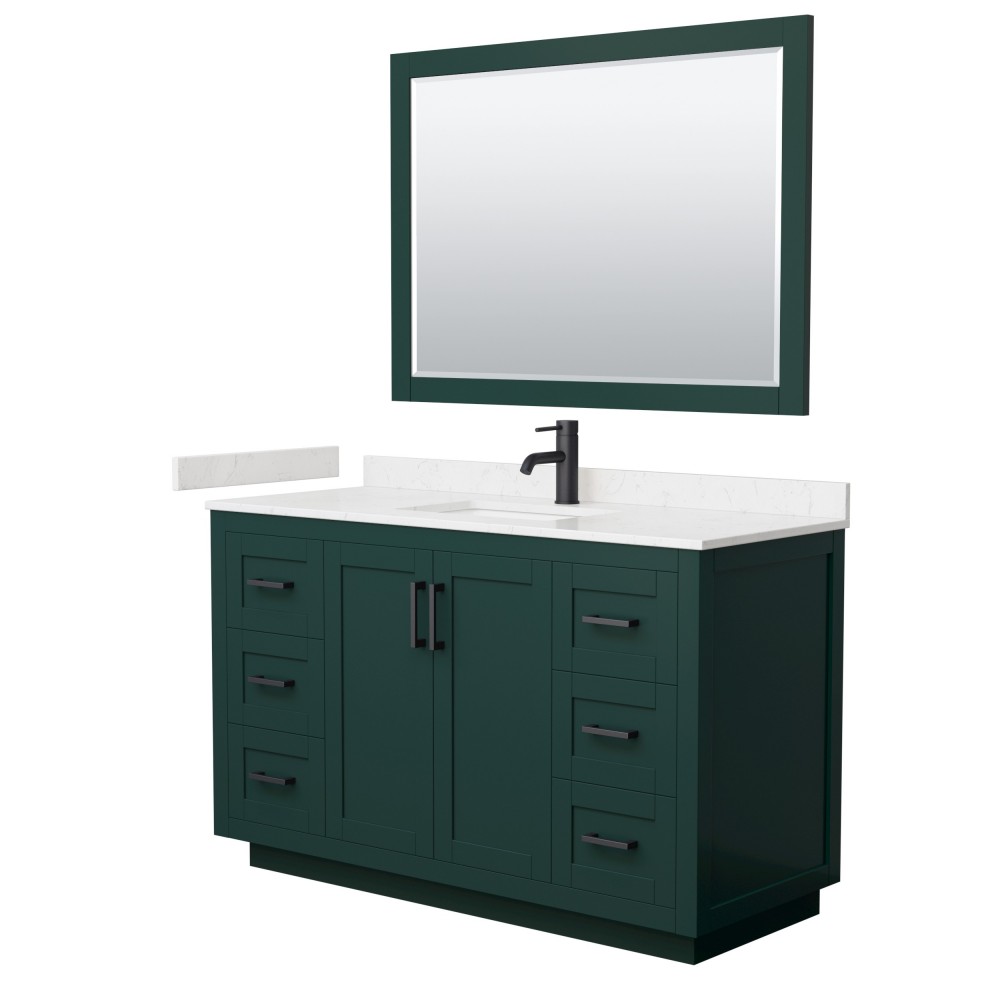 Miranda 54" Single Vanity in Green, Carrara Marble Top, Black Trim, 46" Mirror