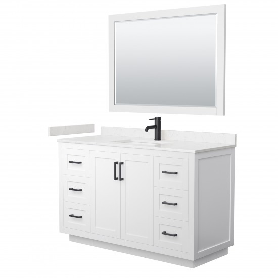 Miranda 54" Single Vanity in White, Carrara Marble Top, Black Trim, 46" Mirror