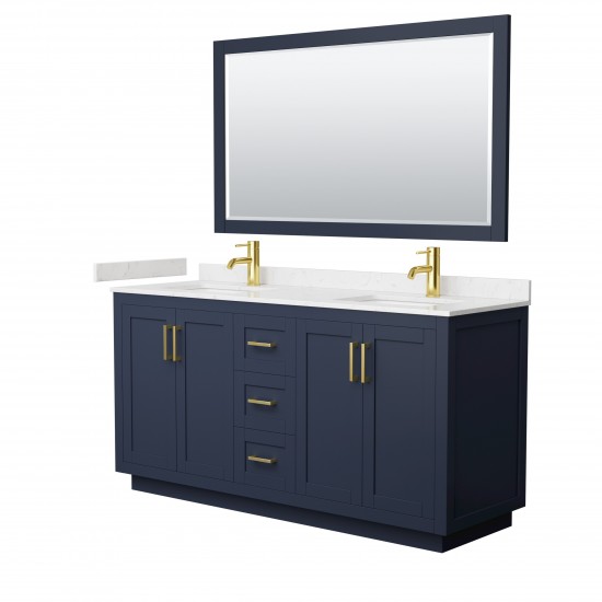 Miranda 66" Dark Blue Double Vanity, Carrara Marble Top, Gold Trim, 58" Mirror