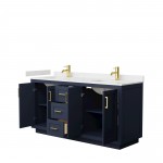 Miranda 66" Double Vanity in Dark Blue, Carrara Cultured Marble Top, Gold Trim