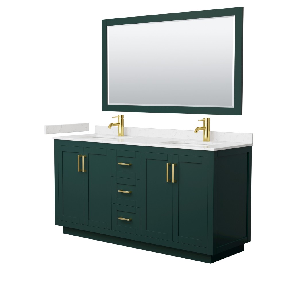 Miranda 66" Double Vanity in Green, Carrara Marble Top, Gold Trim, 58" Mirror