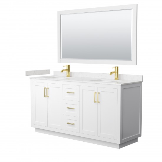 Miranda 66" Double Vanity in White, Carrara Marble Top, Gold Trim, 58" Mirror