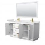 Miranda 66" Double Vanity in White, Carrara Marble Top, Gold Trim, 58" Mirror