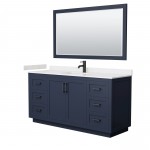 Miranda 66" Dark Blue Single Vanity, Carrara Marble Top, Black Trim, 58" Mirror