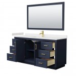 Miranda 66" Dark Blue Single Vanity, Carrara Marble Top, Gold Trim, 58" Mirror