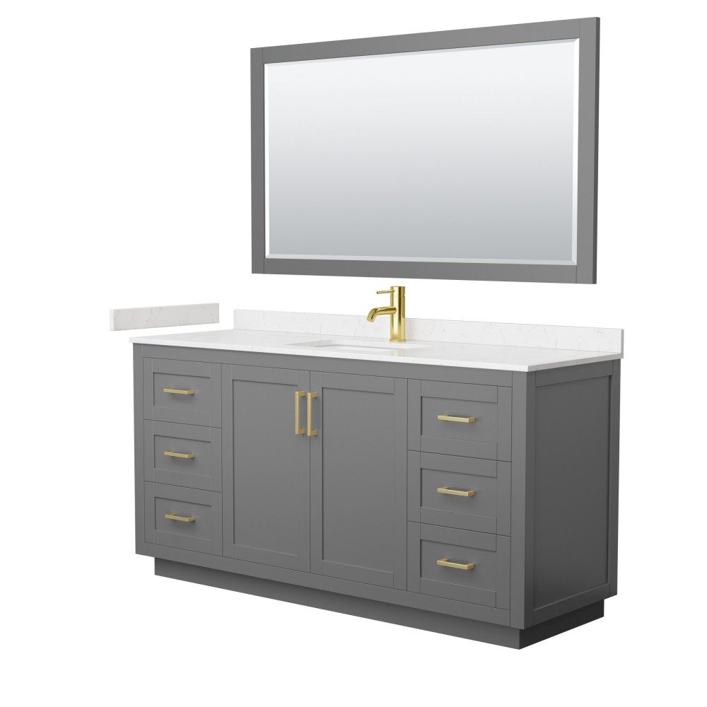 Miranda 66" Dark Gray Single Vanity, Carrara Marble Top, Gold Trim, 58" Mirror