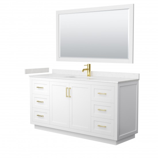 Miranda 66" Single Vanity in White, Carrara Marble Top, Gold Trim, 58" Mirror