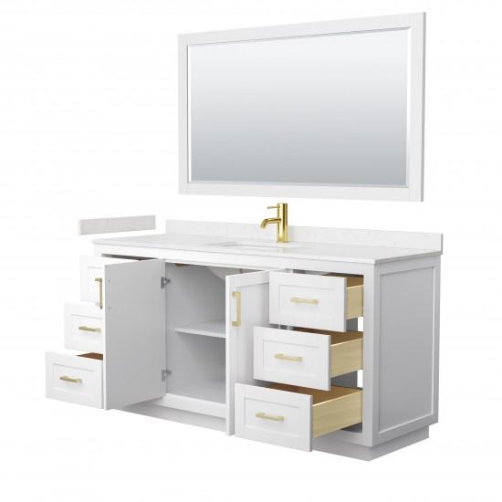 Miranda 66" Single Vanity in White, Carrara Marble Top, Gold Trim, 58" Mirror