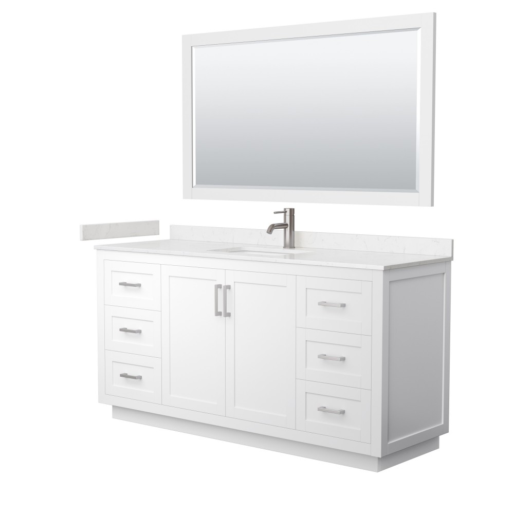 Miranda 66" Single Vanity in White, Carrara Marble Top, Nickel Trim, 58" Mirror