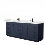 Miranda 84" Double Vanity in Dark Blue, Carrara Cultured Marble Top, Black Trim