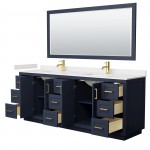 Miranda 84" Dark Blue Double Vanity, Carrara Marble Top, Gold Trim, 70" Mirror