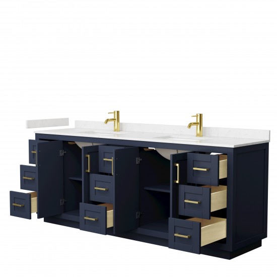 Miranda 84" Double Vanity in Dark Blue, Carrara Cultured Marble Top, Gold Trim