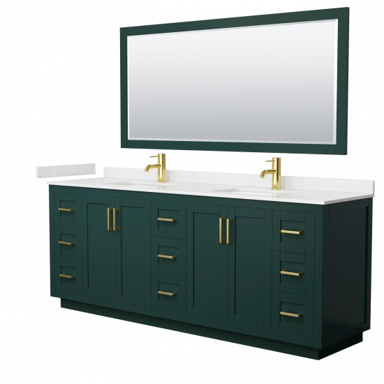 Miranda 84" Double Vanity in Green, Carrara Marble Top, Gold Trim, 70" Mirror