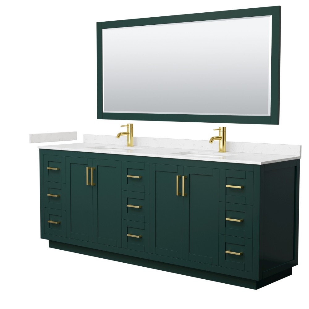 Miranda 84" Double Vanity in Green, Carrara Marble Top, Gold Trim, 70" Mirror