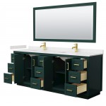 Miranda 84" Double Vanity in Green, Carrara Marble Top, Gold Trim, 70" Mirror