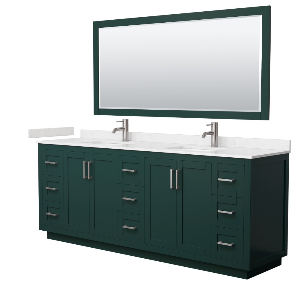 Miranda 84" Double Vanity in Green, Carrara Marble Top, Nickel Trim, 70" Mirror