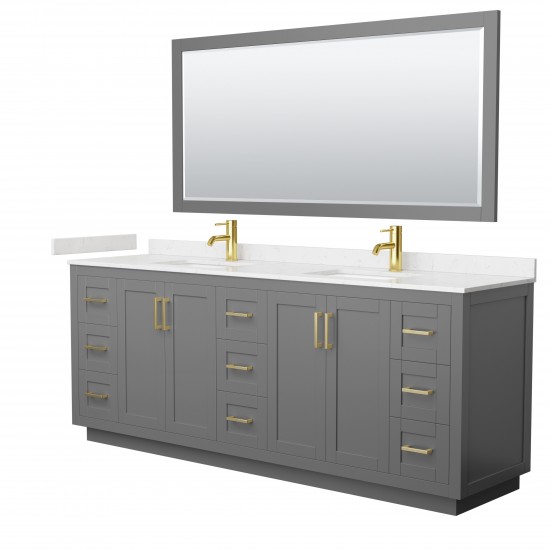 Miranda 84" Dark Gray Double Vanity, Carrara Marble Top, Gold Trim, 70" Mirror