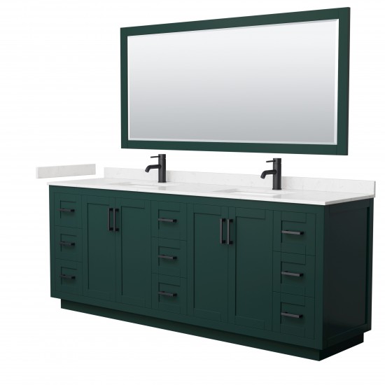 Miranda 84" Double Vanity in Green, Carrara Marble Top, Black Trim, 70" Mirror