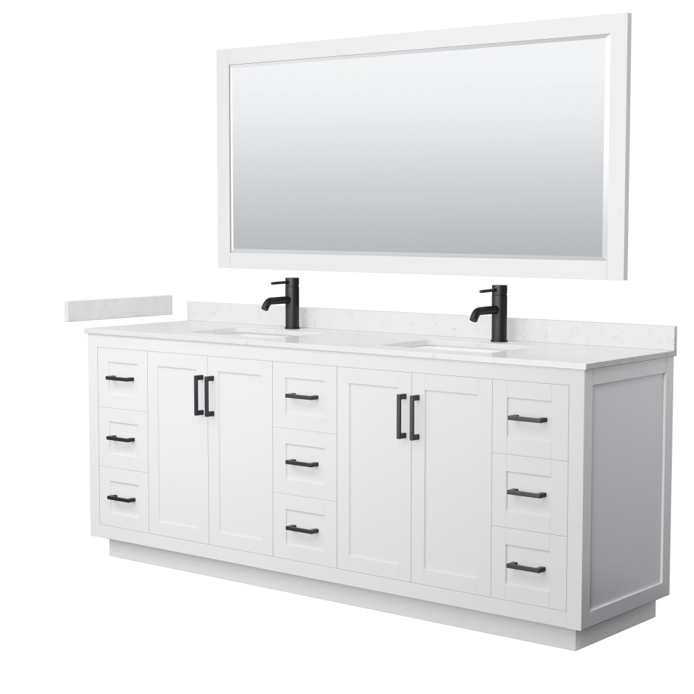 Miranda 84" Double Vanity in White, Carrara Marble Top, Black Trim, 70" Mirror