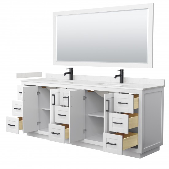 Miranda 84" Double Vanity in White, Carrara Marble Top, Black Trim, 70" Mirror